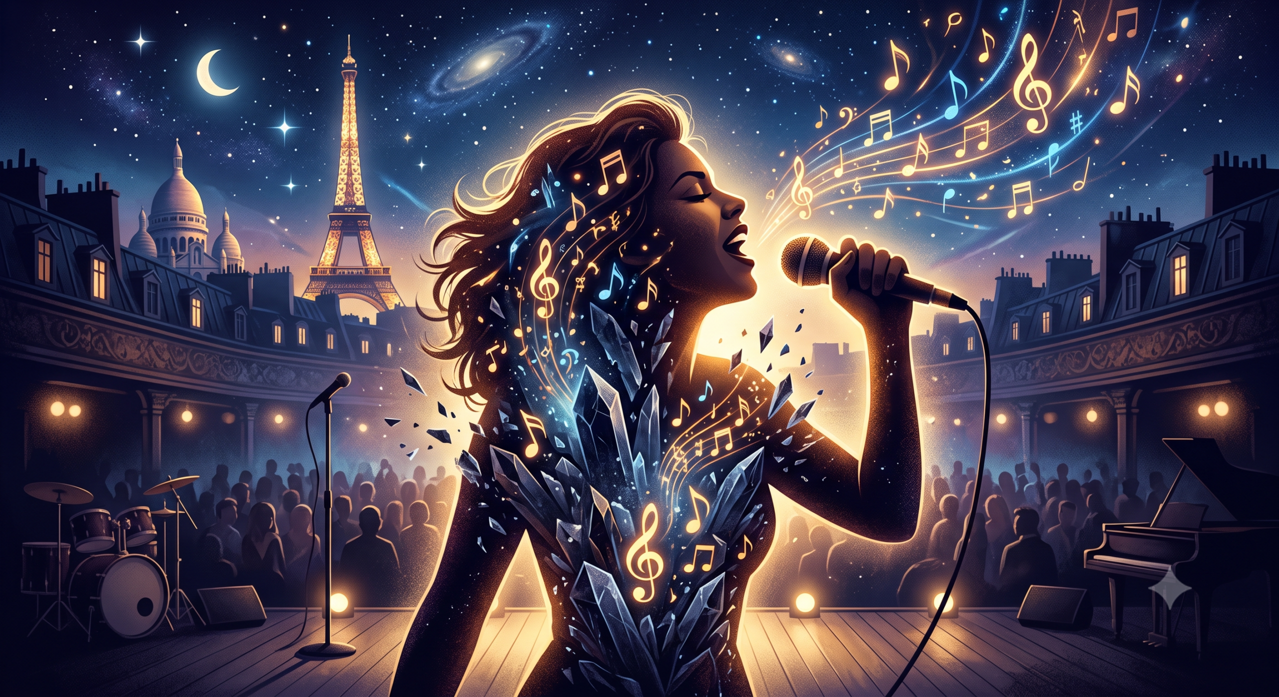 primary silhouette is a powerful singer holding a microphone